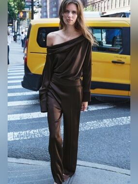 Zara Brown Satin Off Shoulder Top